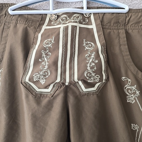 Landhaus Lederhosen German Swim Trunks Brown Size L Paisley Design Button Accent - Picture 2 of 16
